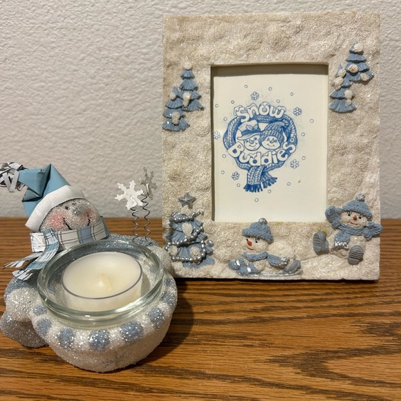 Snow Buddies Other - White and Blue Picture Frame and Snowman Candleholder